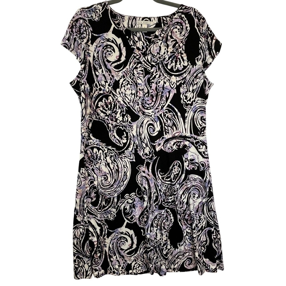 Dana Buchman Sheath Dress Black Purple Paisley Cap Sleeve Stretch Large - Picture 1 of 7